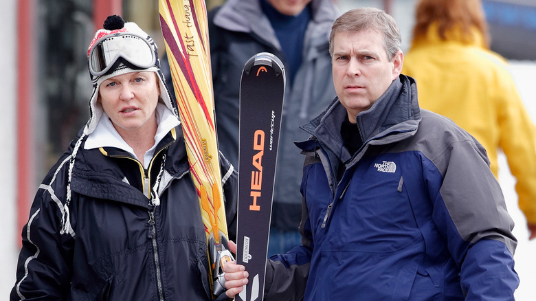 Sarah Ferguson and Prince Andrew holding skis 