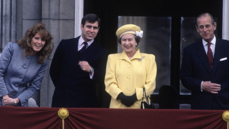 Sarah Ferguson, Prince Andrew, Queen Elizabeth, and Prince Philip