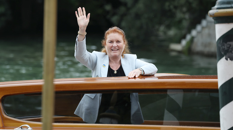 Sarah Ferguson waving on boat