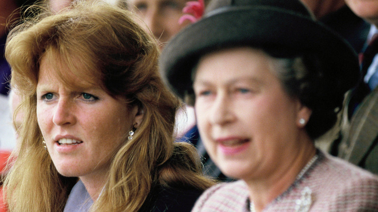 Sarah, Duchess of York smiling and Queen Elizabeth II 1990s