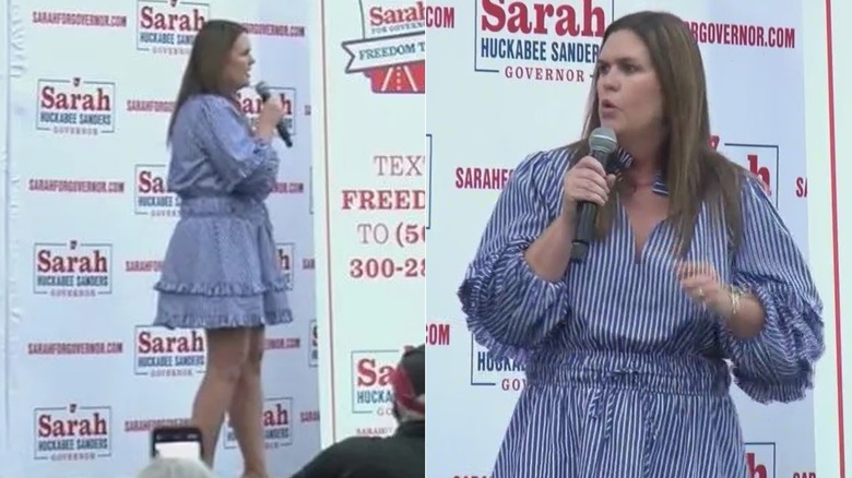 Sarah Huckabee Sanders in a striped dress