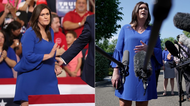 Sarah Huckabee Sanders wearing a blue dress