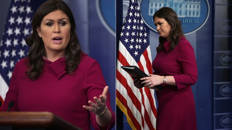 Sarah Huckabee Sanders wearing a fuchsia dress