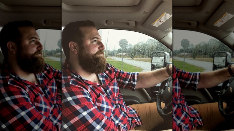 Ben Napier driving on a rainy day 