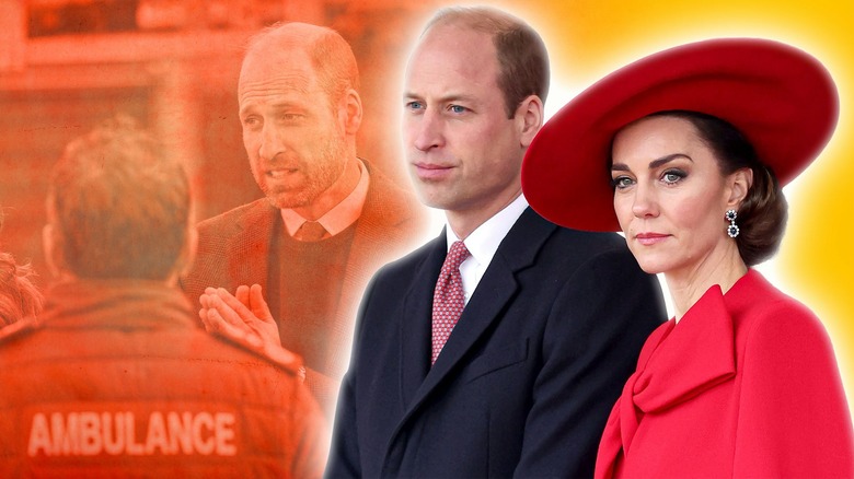 Side by side photos of The Prince and Princess of Wales standing next to each other looking serious and Prince William talking to a paramedic