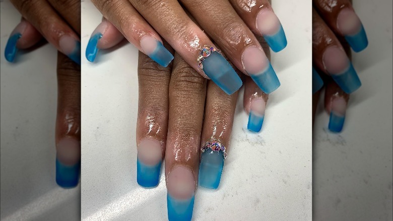 Blue French tips sea glass manicure