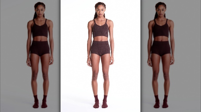 model wearing brown knitted set 