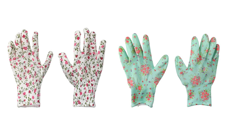 four multi colored gardening gloves
