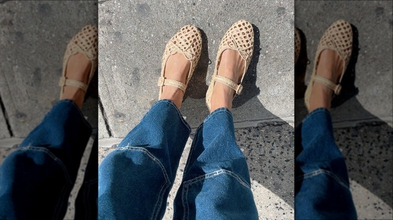 raffia mary jane flats with jeans