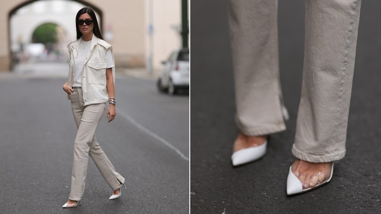 Woman wearing neutral outfit with clear asymmetric heels