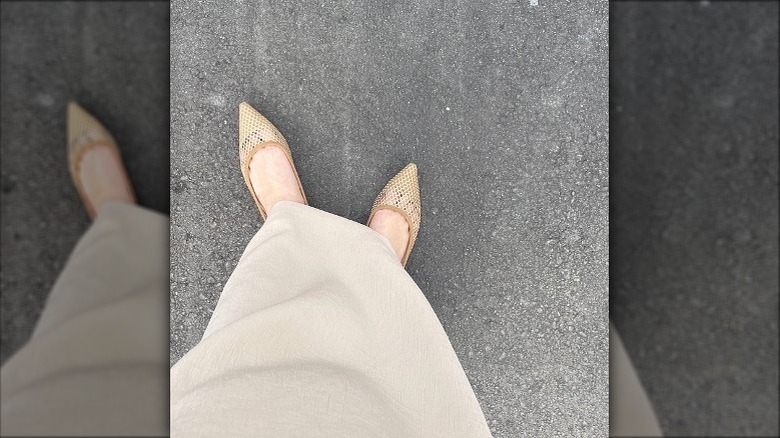 beige pointed toe crochet flats