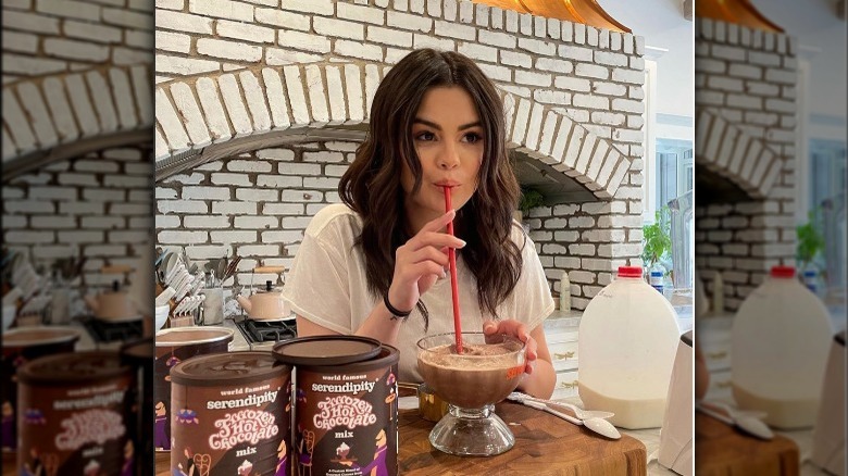 Selena Gomez making hot chocolate in kitchen