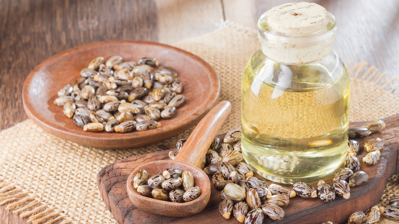 bottle of castor oil wooden table