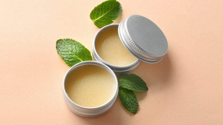 Lip balm surrounded by mint leaves 