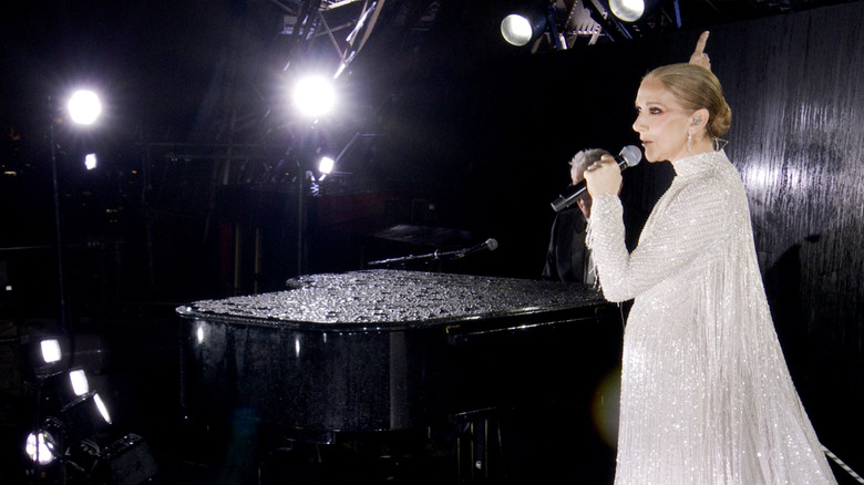 Celine Dion performing at the Paris Olympics