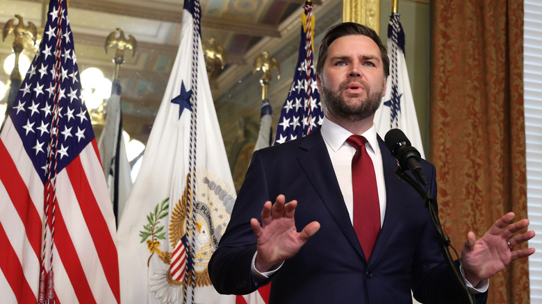 JD Vance stands in front of flags and holds his hands up, mid-speech