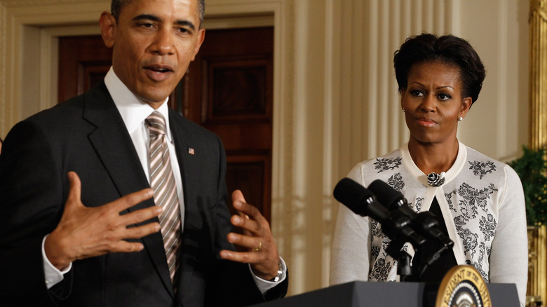 Michelle Obama Obama looking at Barack Obama