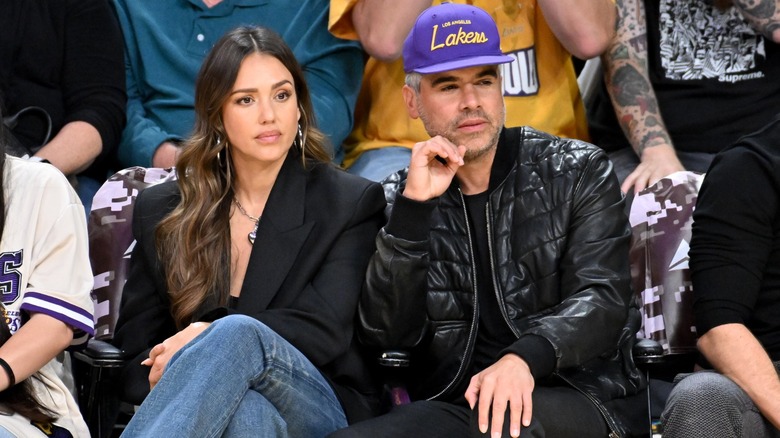 Jessica Alba at a basketball game with Cash Warren