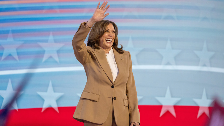 Kamala Harris waving to the crowd at the 2024 Democratic National Convention