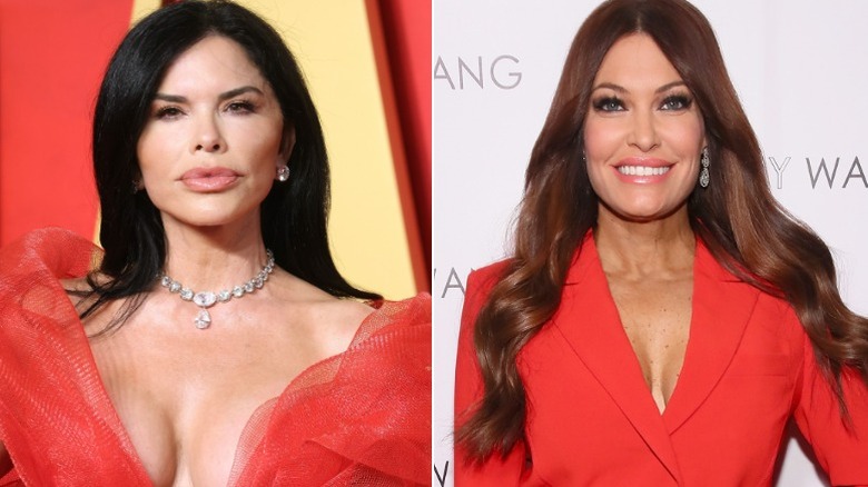 A split image of Kimberly Guilfoyle and Lauren Sánchezposing for photos