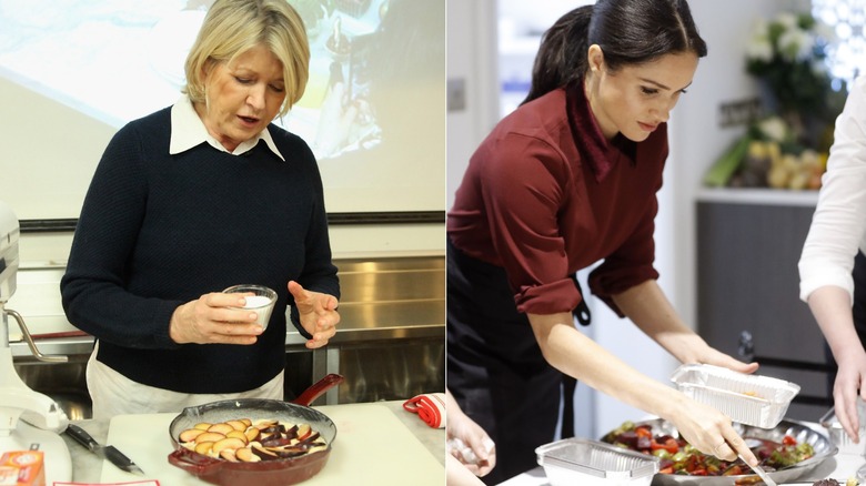 Meghan Markle (L) and Martha Stewart (R) cooking meals at different occasions 