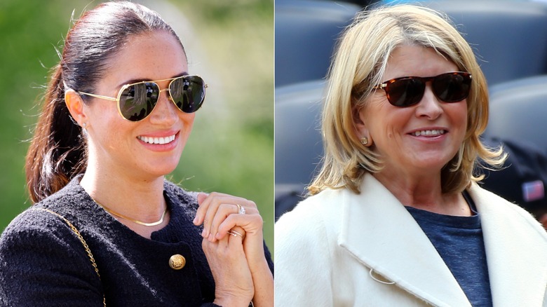 Meghan Markle (L) and Martha Stewart (R) wearing shades and smiling 