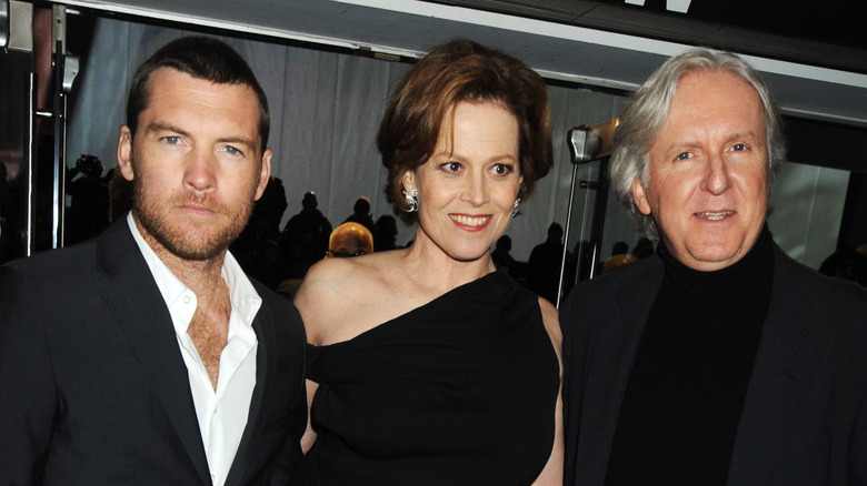 Sam Worthington, Sigourney Weaver, and James Cameron