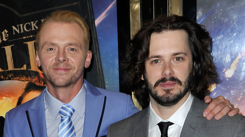 Simon Pegg and Edgar Wright smiling for press