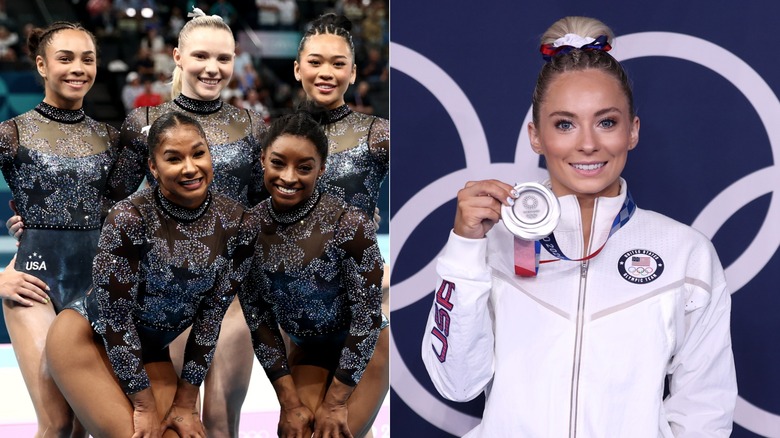 2024 Team USA Women's Gymnasts smiling & MyKayla Skinner smiling with silver medal