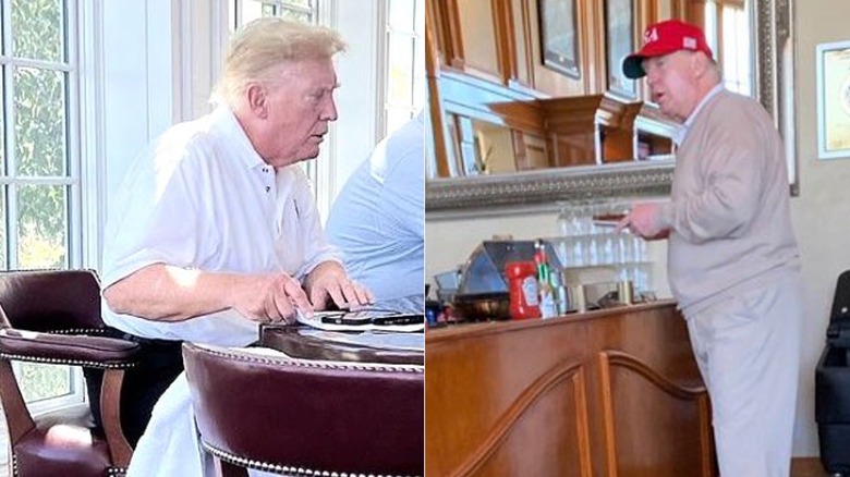 Split screen of Donald Trump eating and holding plate