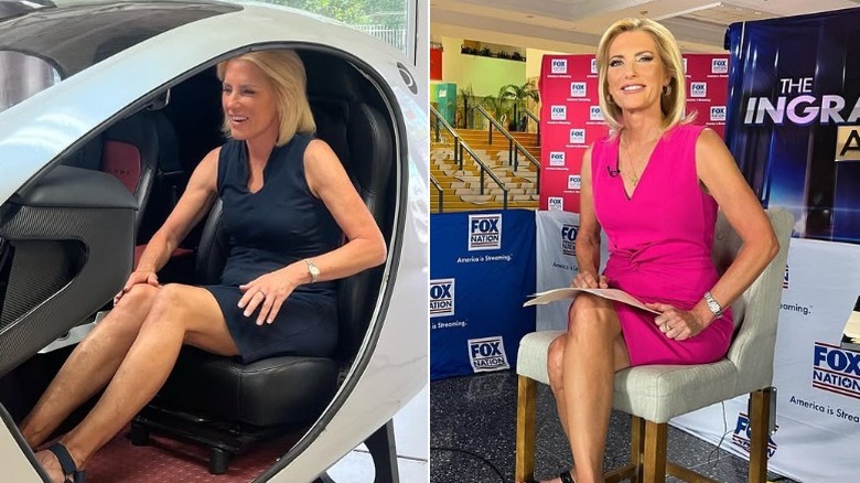 split image Laura Ingraham in a flying car prototype and filming her show