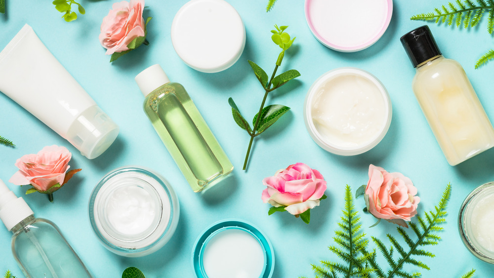 Bottles and pots of lotions and skincare products