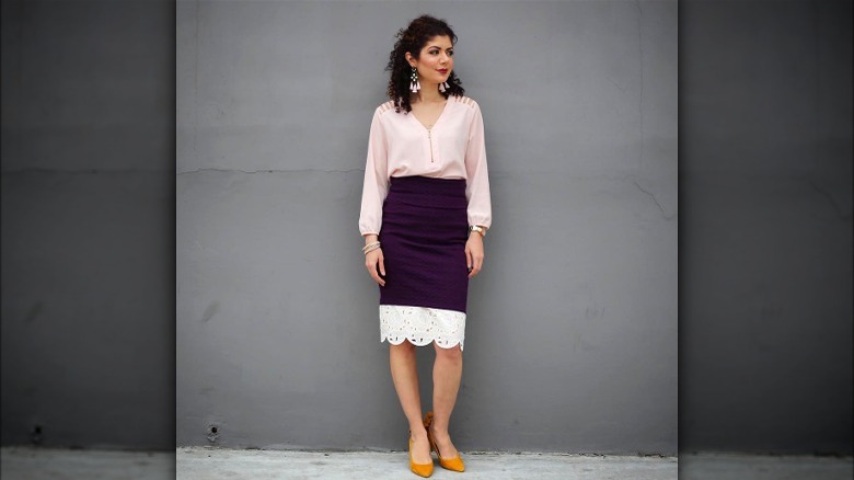 Woman wearing a layered work skirt