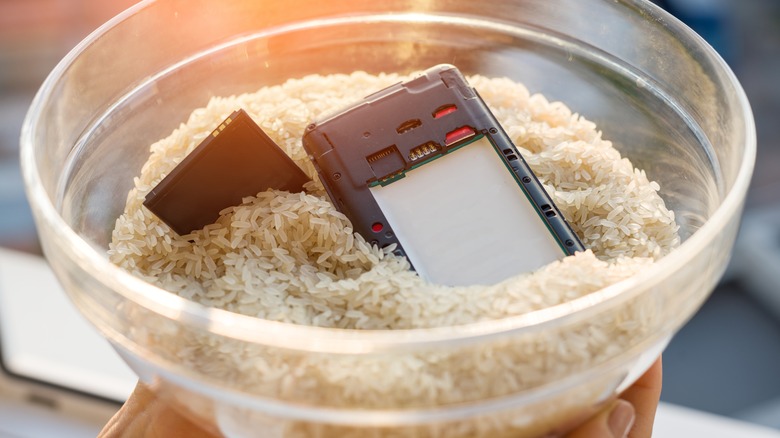 Cell phone and battery in bowl of rice