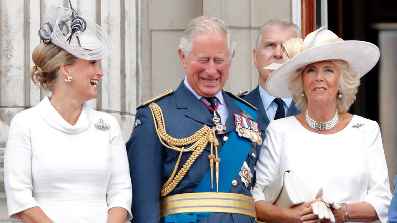 Countess of Wessex, King Charles, and Camilla on balcony