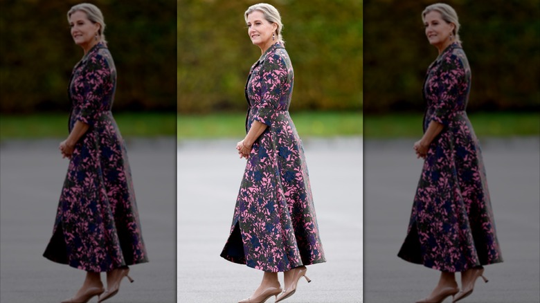 Duchess Sophie smiling in an embroidered dress