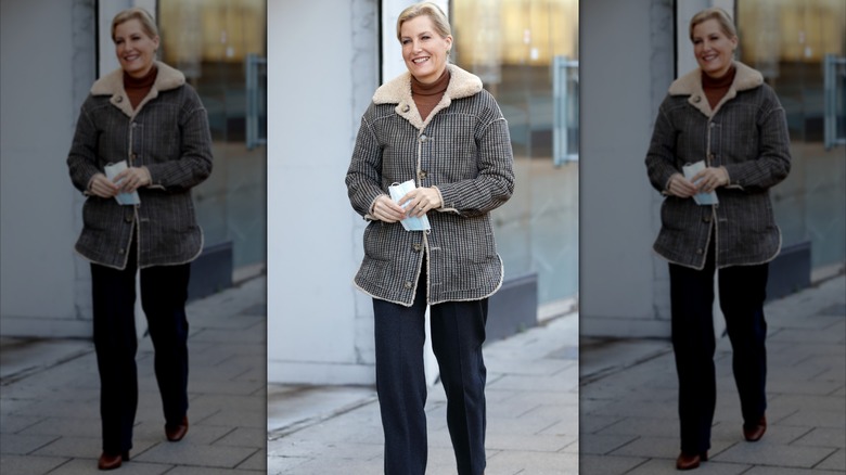 Duchess Sophie walking in slacks and a jacket