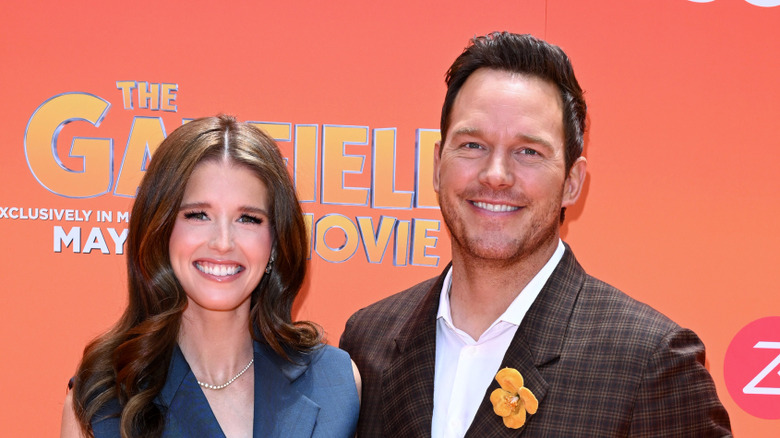 Katherine Schwarzenegger and Chris Pratt smiling at the Garfield Movie premiere