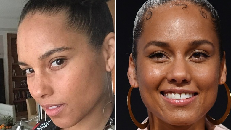 Alicia Keys without and with makeup