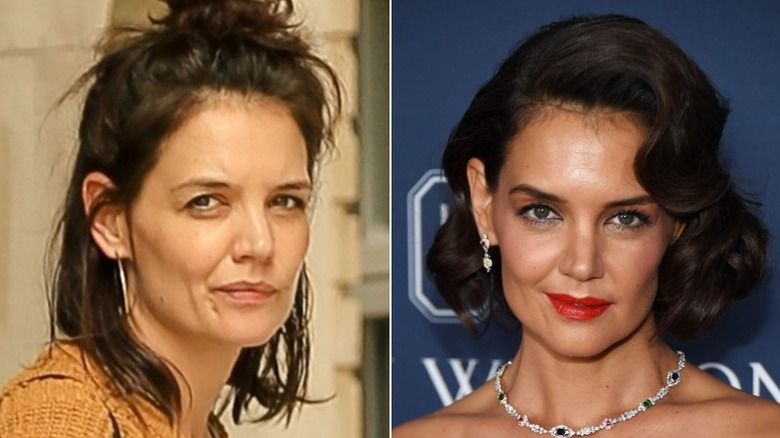 Katie Holmes, without and with makeup