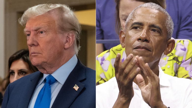 Donald Trump frowning & Barack Obama clapping