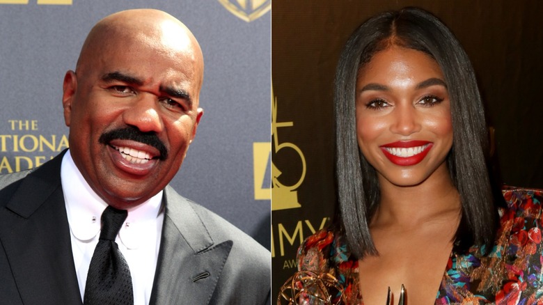 Split image of Steve Harvey and Lori Harvey smiling