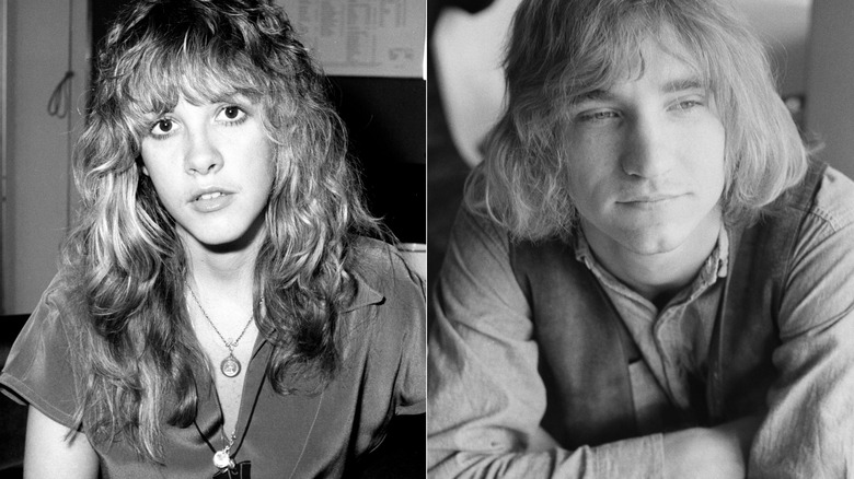 Left: young Stevie Nicks looks at camera, Right: young Joe Walsh looks off in distance