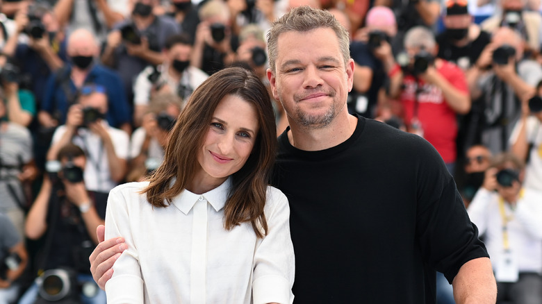 Camille Cottin posing with Matt Damon