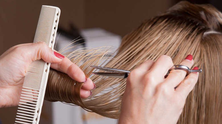 Stylist trimming long hair