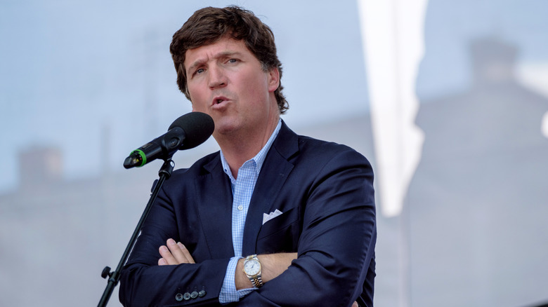 Tucker Carlson speaks at an event in Hungary in August 2021