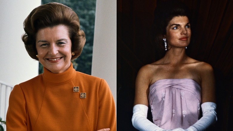 Betty Ford and Jackie Kennedy smiling and posing