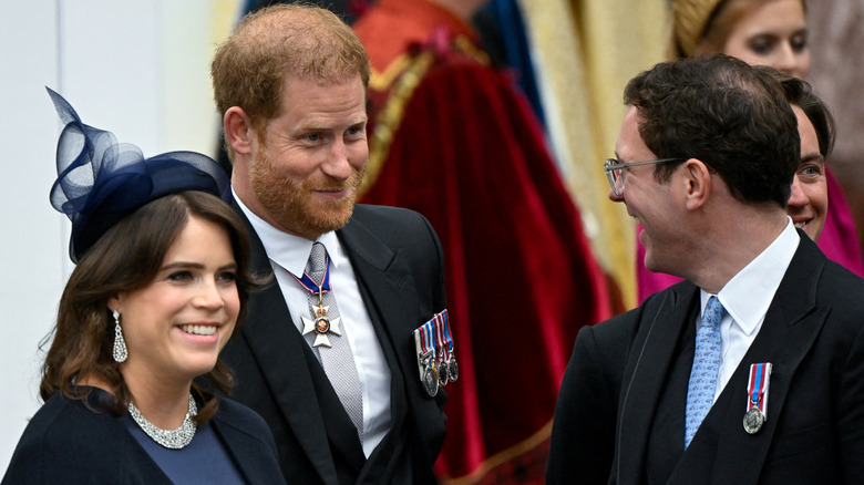 Princess Eugenie, Prince Harry, Jack Brooksbank laughing