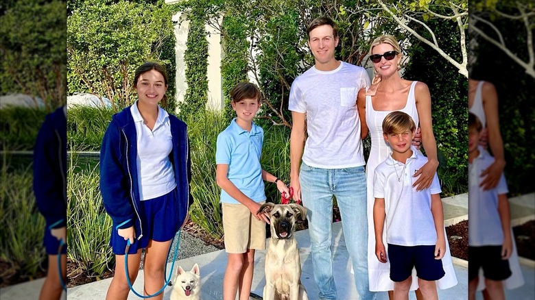 Ivanka Trump, Jared Kushner, Arabella, Joseph, and Theodore stand for a photo outside