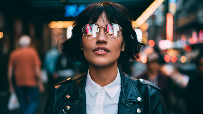 Woman wearing a leather jacket